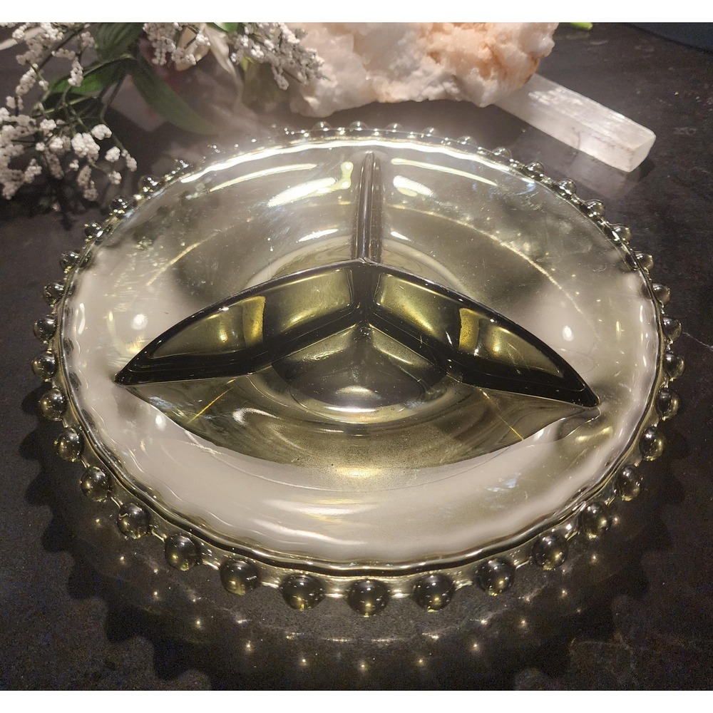 Vintage Smokey Glass Relish Dish | Mid-Century Modern Beaded Serving Tray